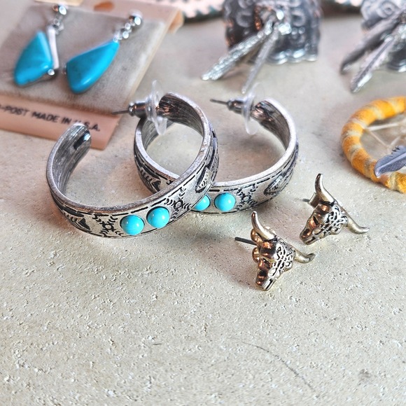 Western Earring Lot 7 Pairs Turquoise Steer Head Dreamcatcher Horse Hoops - Picture 3 of 7